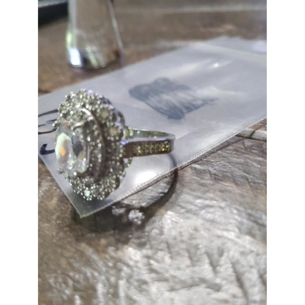 925 Sterling Silver Oval CZ Double Halo Cocktail Ring Pave Band Size 6.75 Womens